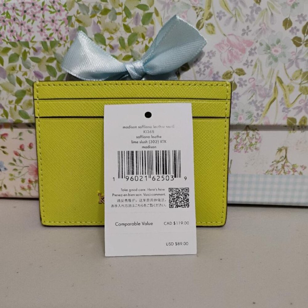 Kate Spade Madison Saffiano Small Slim Card Holder Lime Slush NWT - Picture 4 of 7